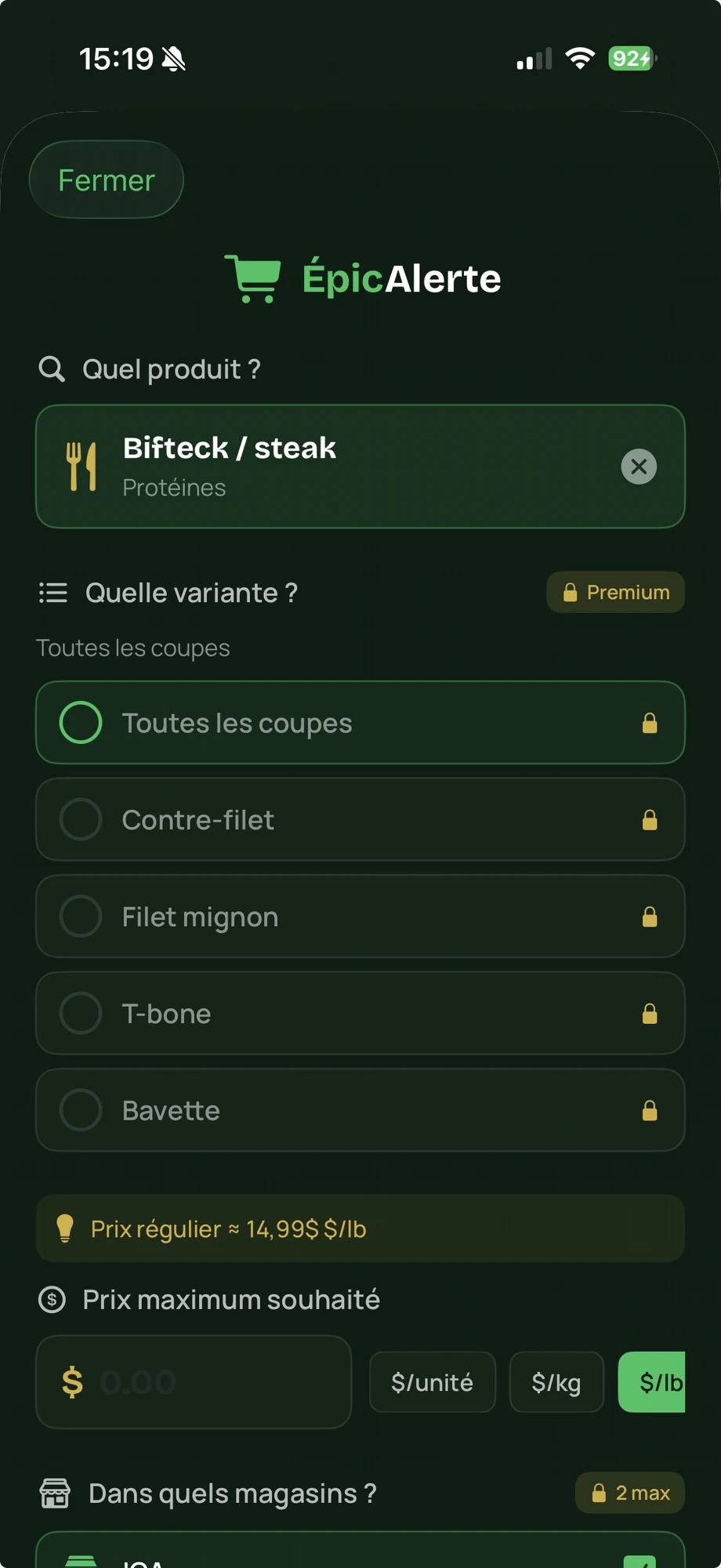 Capture de l'application ÉpicAlerte — choisir un produit et ses variantes