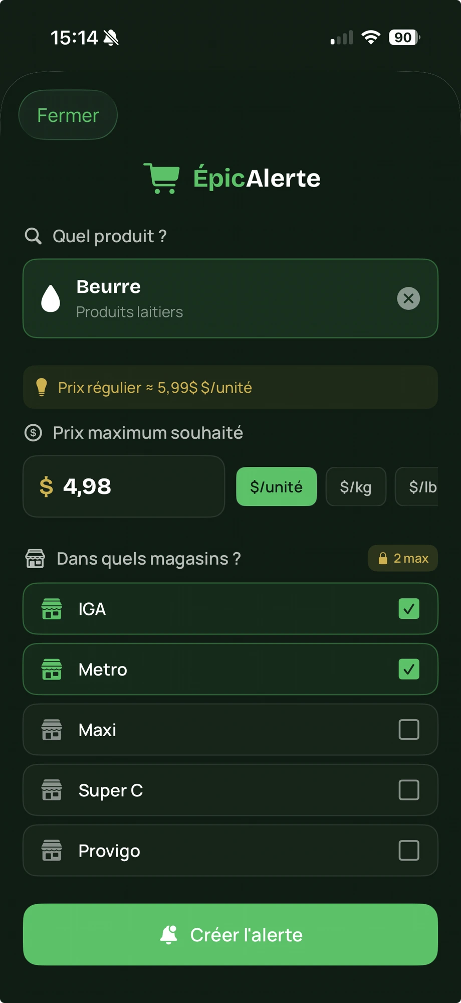 Capture de l'application ÉpicAlerte — définir un prix maximum souhaité