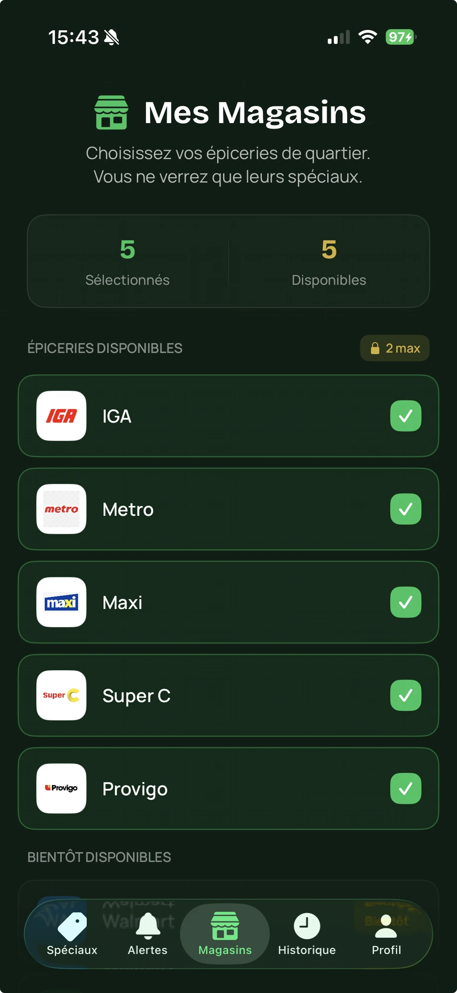 Capture de l'application ÉpicAlerte — sélection des épiceries à surveiller
