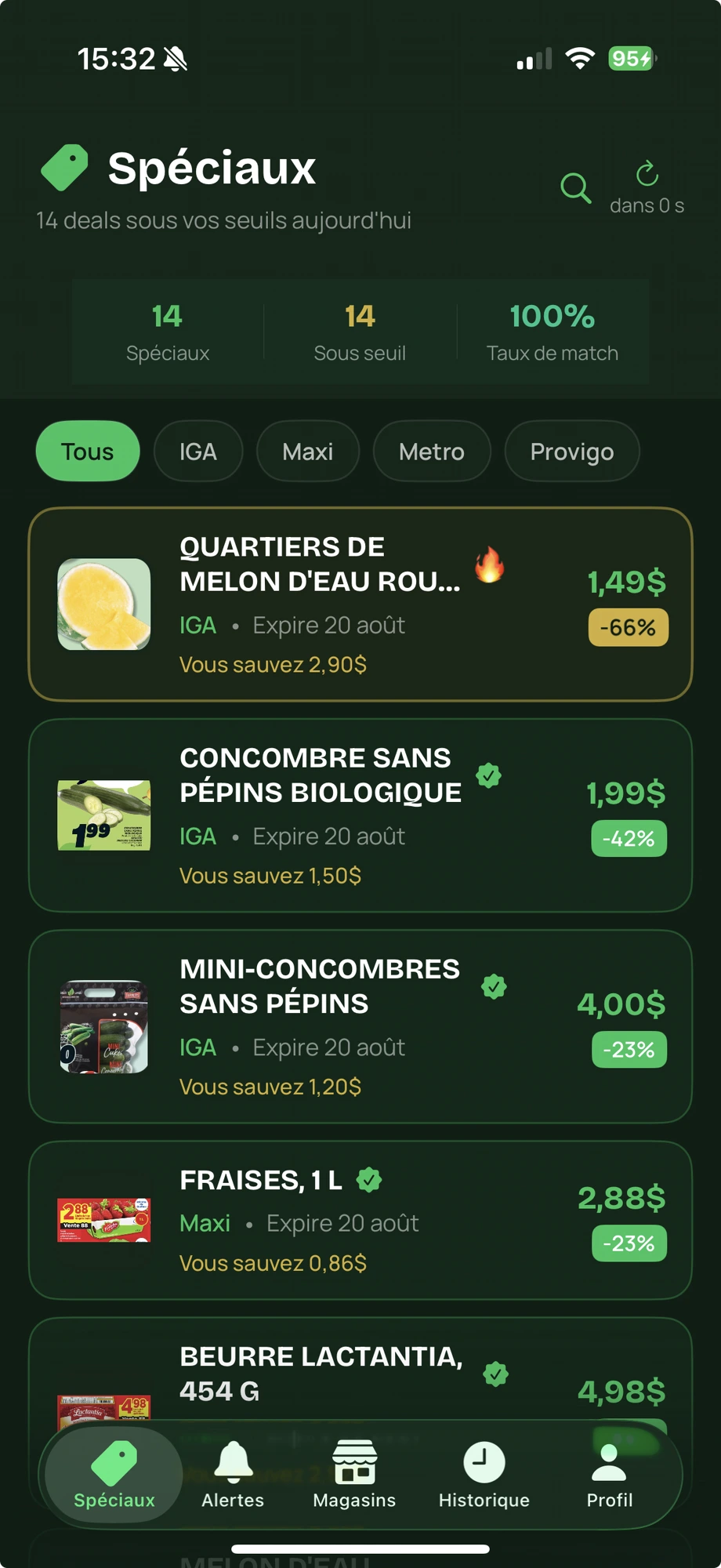 Capture de l'application ÉpicAlerte — liste des spéciaux sous vos seuils